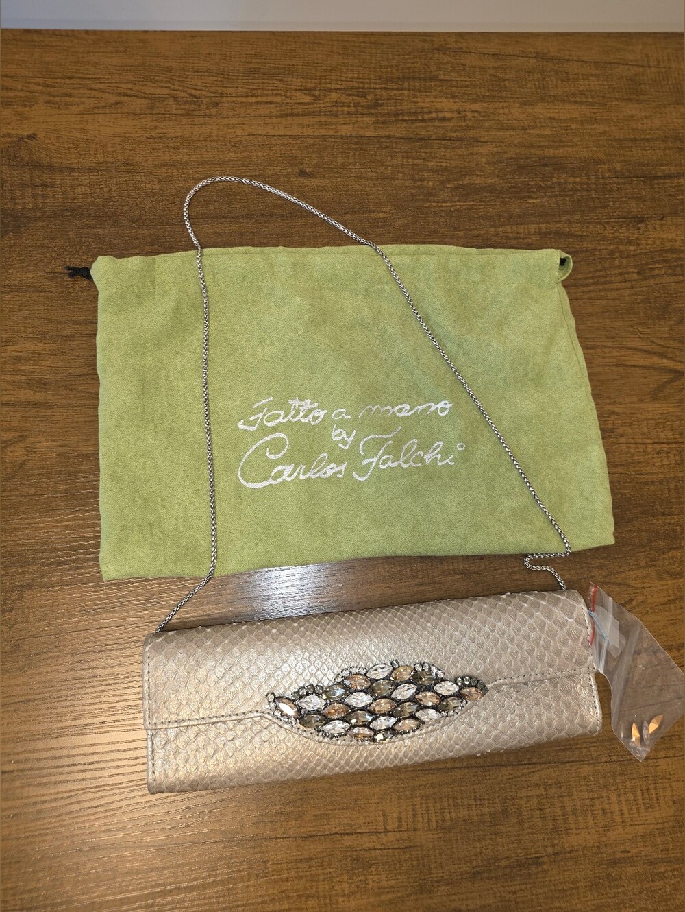 Vintage Carlos Falchi Beige Snakeskin  Clutch with Chain